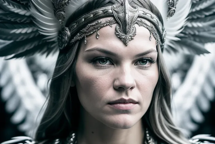 moody RAW centered photo of a [Valkyrie:Sylvia Hoeks:15] (highly detailed face:1.3), (silver headband, intricate, highly detailed:1.2), (cape of white feathers, highly detailed:1.2), (background Valhalla, brimstone:1.4), 8k uhd, dslr, soft lighting, high quality, film grain, Fujifilm XT3 in the style of Tomasz Alen Kopera