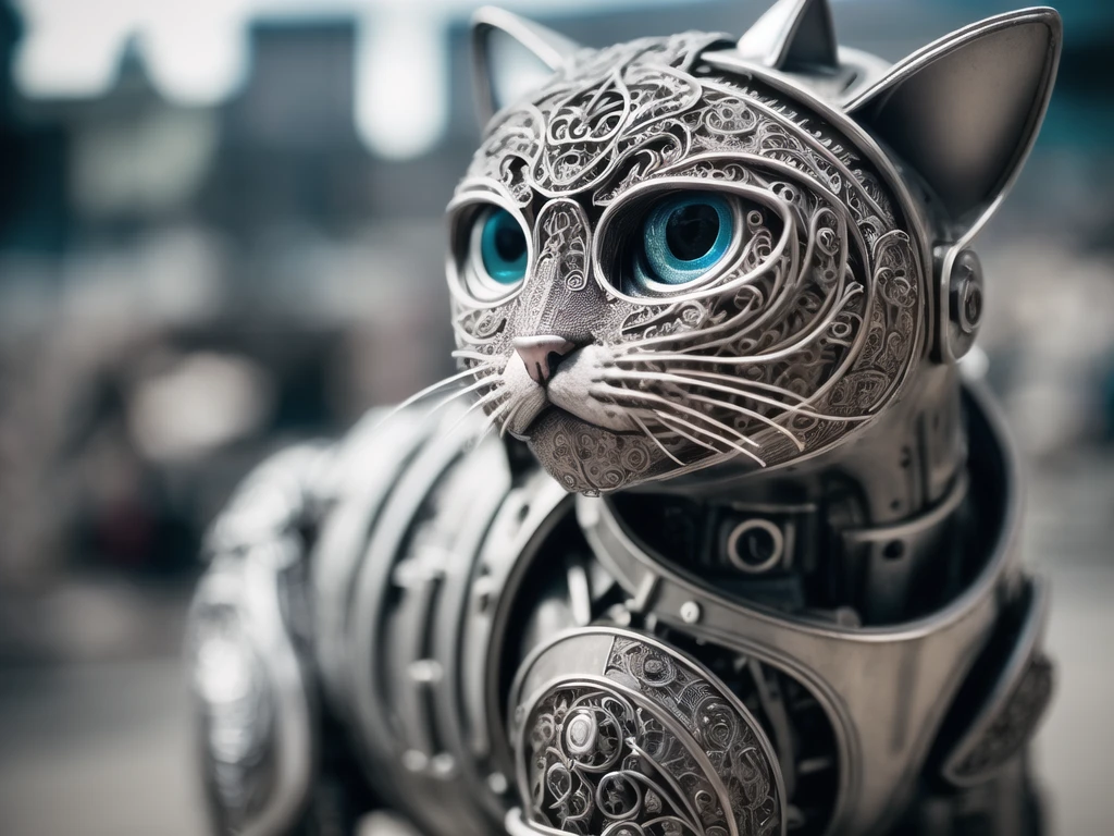 RAW photo, a cute metal cat, cyborg, cyberpunk style, ((intricate details)), hdr, ((intricate details, hyperdetailed)), cinematic shot, vignette, (high detailed skin:1.2), 8k uhd, dslr, high quality, film grain, Fujifilm XT3