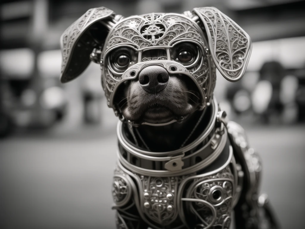 RAW photo,one cute metal dog , cyborg, cyberpunk style, ((intricate details)), hdr, ((intricate details, hyperdetailed)), cinematic shot, vignette, (high detailed skin:1.2), 8k uhd, dslr, high quality, film grain, Fujifilm XT3