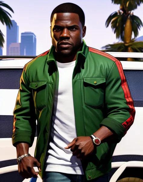 GTAV Loading Screen 2D art, kevin hart as GTA5 Character, cinematic composition, shaders, bright cinematic lighting, soft contrast, GTA5 loading screen