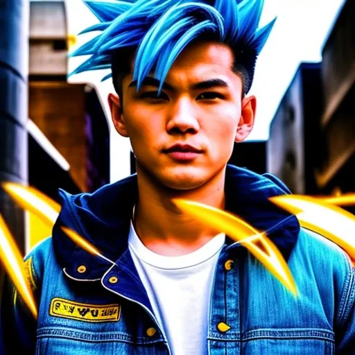 a close up portrait photo of Trunks in Dragon ball (with huge yellow electric power aura circling around him), (Super Saiyan), wearing a blue denim jacket with the logo of Capsule Corporation, short haircut, pale skin, slim body, background is city ruins, (high detailed skin:1.2), 8k uhd, dslr, soft lighting, high quality, film grain, Fujifilm XT3