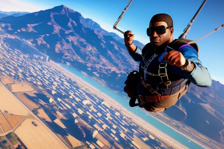 GTA5 Loading Screen 2D art, Sky Diving, cinematic composition, shaders, bright cinematic lighting, soft contrast, video game background