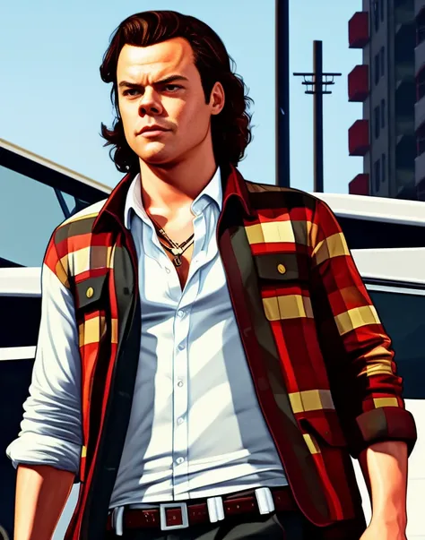 GTA5 Loading Screen 2D art, Harry styles as a GTA5 character, action pose, cinematic composition, shaders, bright cinematic lighting, soft contrast, video game background
