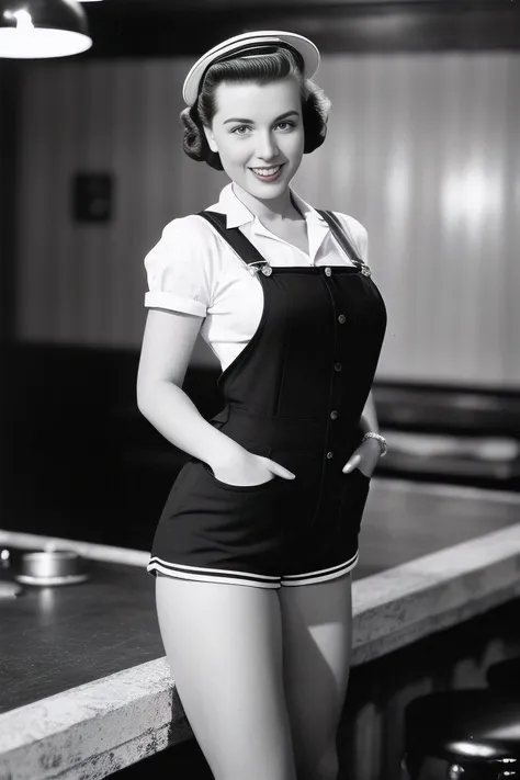 full body portrait of Betty (styled in a tight 1940's sailor short overalls, highly detailed:1.5), (highly detailed face:1.8), (1940's Pompadour Hairstyle:1.3),  (slim body, small breasts, small hips:1.5), (leaning back on the bar:1.5), (background inside a dark, old, 1940's big-band club:1.4), (soft studio lighting, volumetric shadows), Kodak Tri-X 400TX, ISO 100