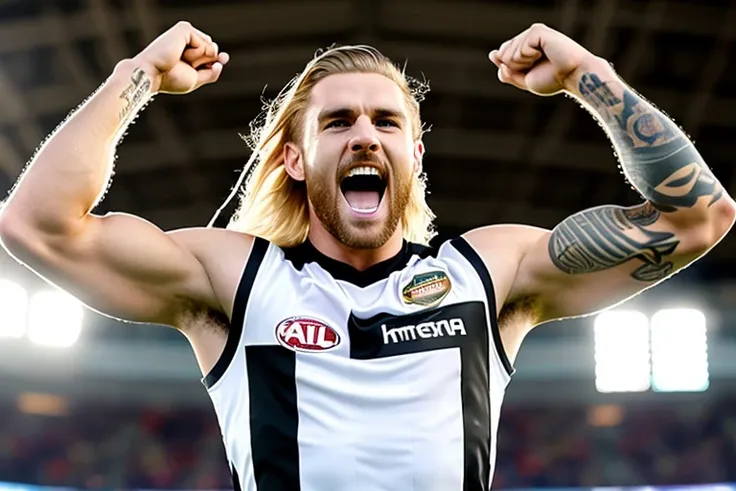 professional modelshoot style photo athletic australian rules footballer, (long blonde hair covering half his face),  screaming, tattoos on his arms grabbing the football, white and black (vertical striped singlet),
 realistic, sharp focus, 8k high definition, insanely detailed, intricate,  on summers day, , hyper-realistic, ultra detailed, inside a football stadium ground,  huge crowd blurred out in the background