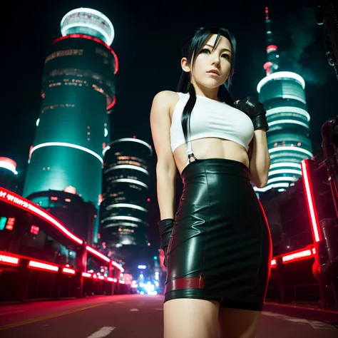 RAW photo, Midgar sector 7, midgar city from "Final Fantasy VII" videogame, Tifa Lockhart, long black hair, wears a tight-fitting white tank top, dark red leather gloves, and a (short:1.6) black mini skirt, standing, dark red iris, by night, high quality, low angle view, (best quality:1), highly detailed, (highres:1), realistic photography