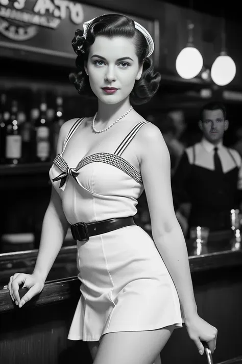 full body portrait of Betty (styled in a 1940's, Sailor Dress, highly detailed:1.3), (highly detailed face:1.8), (1940's Pompadour Hairstyle:1.3),  (slim body, small breasts, small hips:1.5), (leaning back on the bar:1.5), (background inside a dark, old, 1940's big-band bar:1.4), (soft studio lighting, volumetric shadows), JCH Street Pan, ISO 100