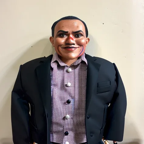 Make me look like a wooden ventriloquist dummy. Latino. 30 years old.