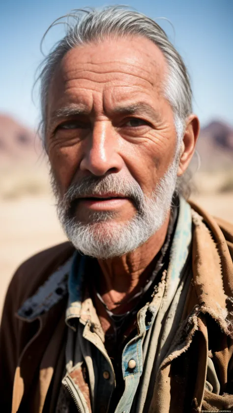 RAW photo, Post-apocalyptic, close-up portrait photo of an older man, in tattered dirty clothes, leathery skin, rugged, eyes that have seen too much, battle-worn, a fiery desert landscape, dust storms, a blazing sun, intense color, (high detailed skin:1.2), 8k uhd, dslr, soft lighting, high quality, film grain, Fujifilm XT3
