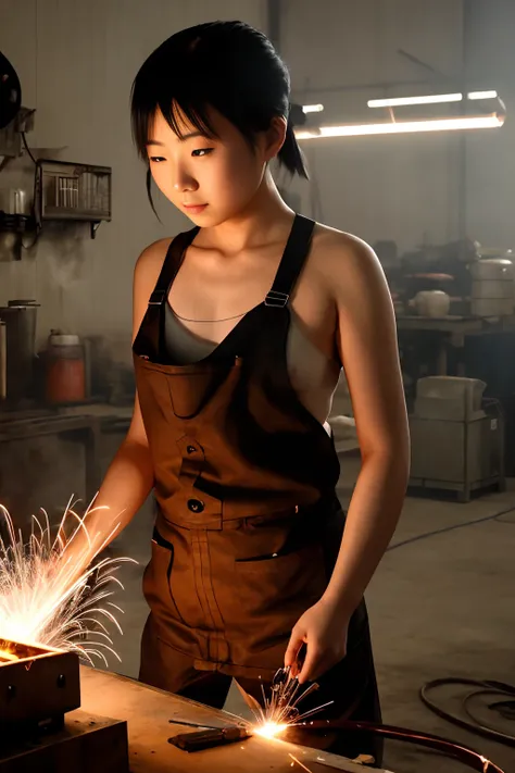 RAW Photo of Chinese girl works at the factory, [nude:apron:17], (freckles), darkness, sparks from welding, smoke