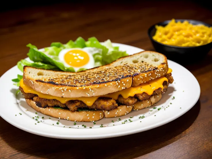 analog style, photorealistic, the most delicious grilled sandwich with sesame seeds with fried chicken, flowing egg yolk, lettuce, on a table in a cafe, dimly lit, light particles, haze, halation, bloom, dramatic atmosphere, centred, rule of thirds, 200mm 1.4f macro shot, <lora:epiNoiseoffset_v1:1>