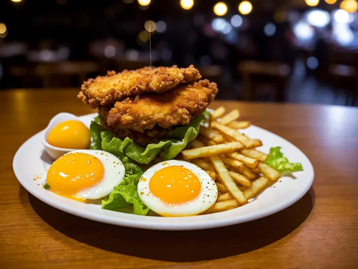 analog style, photorealistic, the most delicious french fries with fried chicken, flowing egg yolk, lettuce, on a table in a cafe, dimly lit, light particles, haze, halation, bloom, dramatic atmosphere, centred, rule of thirds, 200mm 1.4f macro shot, <lora:epiNoiseoffset_v1:1>