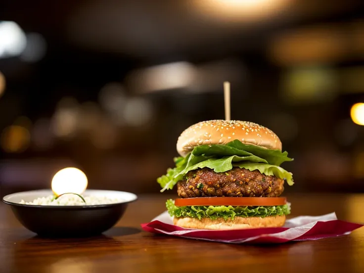 analog style, photorealistic, the most delicious burger with sesame seeds with fried chicken, lettuce, on a table in a cafe, dimly lit, light particles, haze, halation, bloom, dramatic atmosphere, centred, rule of thirds, 200mm 1.4f macro, <lora:epiNoiseoffset_v1:1>