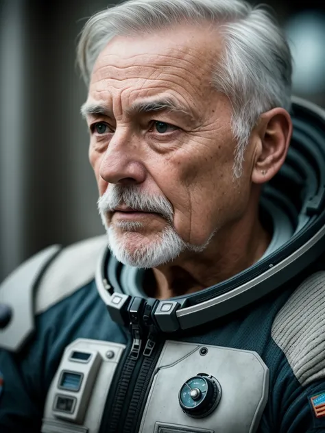 older man, weathered skin, looking into the distance, intense eyes, spacesuit, space, indoor lighting, scifi, space station, (hdr:1.1), 8k, realistic hair, sharp details, (hdr:1.2), (muted colors:1.2), RAW photo, film grain, Fujifilm XT3