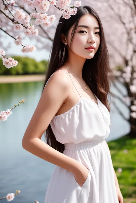 Raw photo (20 year old girl),white dress, long hair, realistic skin, (high detailed skin:1.2), messy hair, Lots of cherry blossom trees by the lake, depth of field, dynamic poses,spring color,realistic, film grain,bright color,beautiful face,soft natural lighting