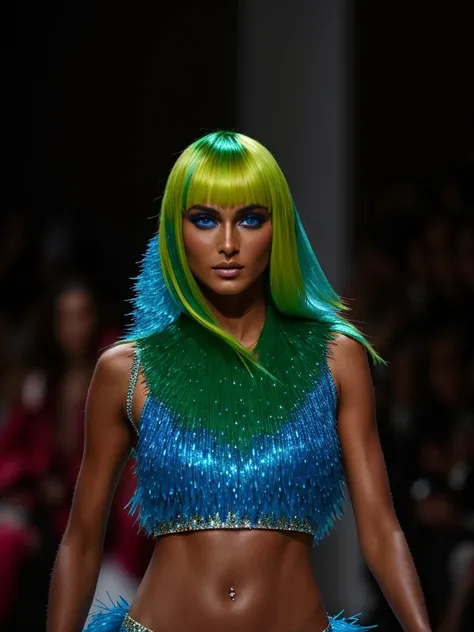 modelshoot style, raw photo of a supermodel wearing shimmering clothes walking on the ramp at milan fashion show, nipples, 8k, intricate details, detailed face and eyes,(rendered eyes) <lora:epiNoiseoffset_v1:1>