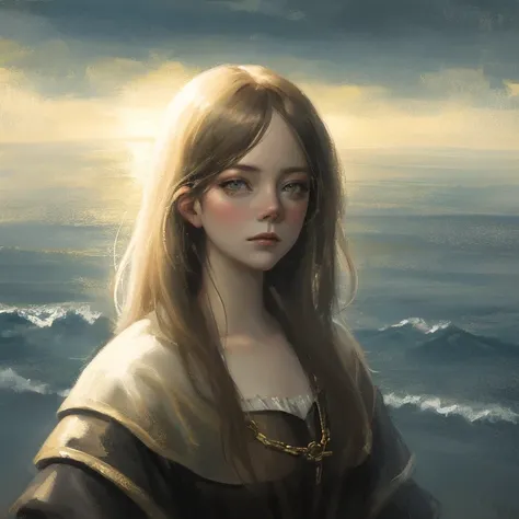 1girl, oil painting, medieval style, (gloomy:1.4), a portrait of Emma Stone like woman in old clothes, gloomy background, overcast weather, god rays, (high detailed skin:1.2), 8k uhd, high quality, by Greg Rutkowski