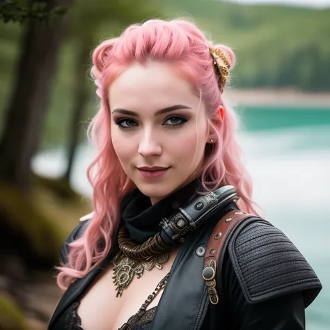 RAW photo, a close portrait photo of 30 y.o woman in wastelander clothes, steampunk, black make-up, smile, [ash blonde | ginger | pink hair], [undercut hair | long haircut], pale skin, slim body, (high detailed skin:1.2), 8k uhd, dslr, soft lighting, high quality, film grain, Fujifilm XT3, flirting with camera, bridge to the paradise, masterpiece, best quality, high quality, extremely detailed CG unity 8k wallpaper, scenery, outdoors, sky, cloud, day, mountain, landscape, water, tree, blue sky, waterfall, cliff, nature, lake, river, cloudy sky, award winning photography, Bokeh, Depth of Field, HDR, bloom, Chromatic Aberration, Photorealistic, extremely detailed, trending on artstation, trending on CGsociety, Intricate, High Detail, dramatic