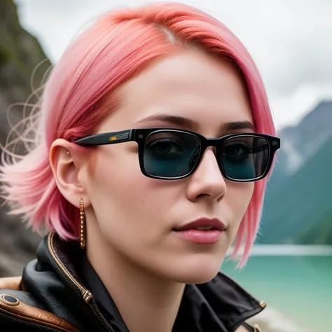 RAW photo, a close portrait photo of 30 y.o woman in wastelander clothes, steampunk glasses, bright make-up, [ash blonde | ginger | pink hair], [undercut hair | long haircut], pale skin, slim body, (high detailed skin:1.2), 8k uhd, dslr, soft lighting, high quality, film grain, Fujifilm XT3, flirting with camera, bridge to the paradise, masterpiece, best quality, high quality, extremely detailed CG unity 8k wallpaper, scenery, outdoors, sky, cloud, day, mountain, landscape, water, tree, blue sky, waterfall, cliff, nature, lake, river, cloudy sky, award winning photography, Bokeh, Depth of Field, HDR, bloom, Chromatic Aberration, Photorealistic, extremely detailed, trending on artstation, trending on CGsociety, Intricate, High Detail, dramatic
