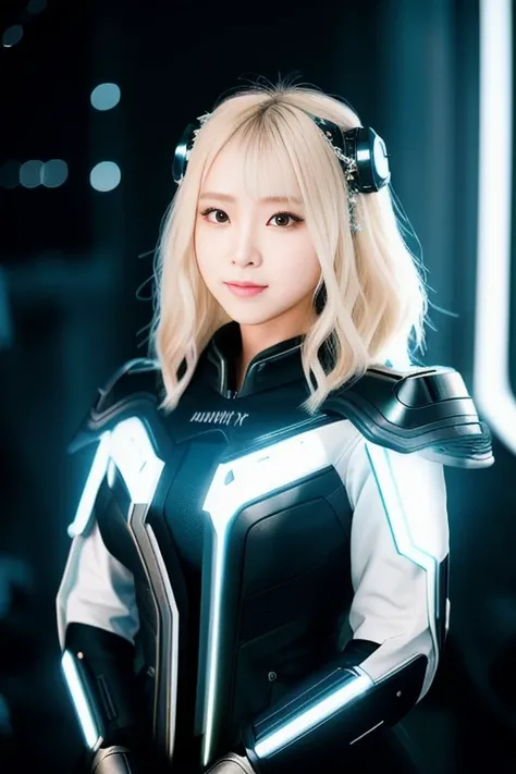 RAW photo, modelshoot style, (extremely detailed CG unity 8k wallpaper), (hip-level shot:1.5), of (most beautiful south korea girl:1.5), (blonde color:1.2),(girl hairstyle:1.3), (puffy eyes), (wearing black futuristic wedding dress:1.4), (long cape:0.0), (cloak:0.0), cyberpunk, witch, magic, sorcerer, cyborg, robotic parts, cable electric wires, microchip, (smile:1.0), staring at viewer, realistic, masterpiece, highest quality, (scifi), lens flare, (light sparkles), unreal engine, digital painting, Style-TronLegacy-8v-B, trending on ArtStation, trending on CGSociety, Intricate, High Detail, dramatic, realism, beautiful and detailed lighting, shadows, shiny, reflective, (high detailed skin:1.2), 8k uhd, dslr, soft lighting, high quality, film grain, Fujifilm XT3 <lora:koreanDollLikeness_v10:0.5>