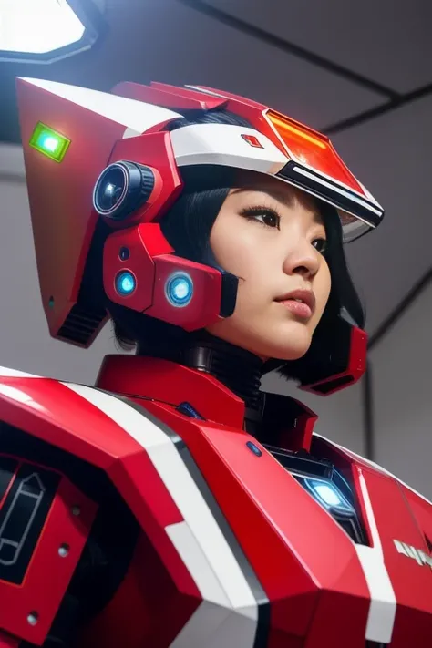 RAW photo, modelshoot style, (extremely detailed CG unity 8k wallpaper), (low angle shot:1.5), of (((japanese girl:1.1))), ((black hair color:1.5)),(((japanese girl hairstyle))), (((hightlighted red and white:1.1))), ((puffy eyes)),(((wearing red and white futuristic military armor:1.5))), (((futuristic military mecha suit:1.5))),((girl posture:1.2)), aegyo, ((happy:1.3)),((sexy:1.2)), ((cyperpunk)),war machine ,police, police mecha suit, (futuristic police armor), staring at viewer, realistic, masterpiece, highest quality, ((scifi)), lens flare, ((light sparkles)), unreal engine, digital painting, Style-TronLegacy-8v-B, trending on ArtStation, trending on CGSociety, Intricate, High Detail, dramatic, realism, beautiful and detailed lighting, shadows, (high detailed skin:1.2), 8k uhd, dslr, soft lighting, high quality, film grain, Fujifilm XT3