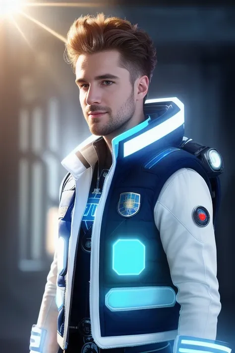 RAW photo, modelshoot style, (extremely detailed CG unity 8k wallpaper), portrait of ((( scottish man:1.1))), ((male scottish hair color)),(((male scottish hairstyle))), (((hightlighted blue and white:1.1))), ((puffy eyes)),(((wearing blue and white tacitical vest:1.1))), (((futuristic tacitical gear))), ((man posture)), ((smile)), ((cyperpunk)),staring at us with a mysterious gaze, realistic, masterpiece, highest quality, ((scifi)), lens flare, ((light sparkles)), unreal engine, digital painting, Style-TronLegacy-8v-B, trending on ArtStation, trending on CGSociety, Intricate, High Detail, dramatic, realism, beautiful and detailed lighting, shadows, (high detailed skin:1.2), 8k uhd, dslr, soft lighting, high quality, film grain, Fujifilm XT3
