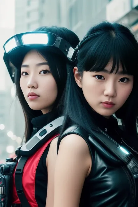 RAW photo, modelshoot style, (extremely detailed CG unity 8k wallpaper), portrait of ((( 2 different south korea girls:1.1))) ,((blue cyan long hair)),(((south korea hairstyle))), (((hightlighted black and white))),((military helmet)), ((puffy eyes)),(((wearing black tacitical vest))), (((futuristic tacitical gear))), ((aegyo)), ((serious)), ((cyperpunk)),((military armor)), raining, staring at us with a mysterious gaze, realistic, masterpiece, highest quality, ((scifi)), lens flare, ((light sparkles)), unreal engine, digital painting, Style-TronLegacy-8v-B, trending on ArtStation, trending on CGSociety, Intricate, High Detail, dramatic, realism, beautiful and detailed lighting, shadows, (high detailed skin:1.2), 8k uhd, dslr, soft lighting, high quality, film grain, Fujifilm XT3