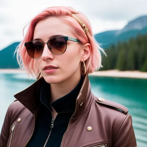 RAW photo, a close portrait photo of 30 y.o woman in wastelander clothes, steampunk sunglasses, [ash blonde | ginger | pink hair], [undercut hair | long haircut], pale skin, slim body, (high detailed skin:1.2), 8k uhd, dslr, soft lighting, high quality, film grain, Fujifilm XT3, flirting with camera, bridge to the paradise, masterpiece, best quality, high quality, extremely detailed CG unity 8k wallpaper, scenery, outdoors, sky, cloud, day, mountain, landscape, water, tree, blue sky, waterfall, cliff, nature, lake, river, cloudy sky, award winning photography, Bokeh, Depth of Field, HDR, bloom, Chromatic Aberration, Photorealistic, extremely detailed, trending on artstation, trending on CGsociety, Intricate, High Detail, dramatic