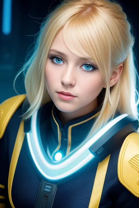 RAW photo, modelshoot style, (extremely detailed CG unity 8k wallpaper), portrait of ( swedish girl:1.1),((blonde hair)), (((hightlighted blue and yellow gold))), ((puffy eyes)), ((futuristic police)), ((aegyo)), ((serious)), ((casual dress)), ((cyperpunk)), staring at us with a mysterious gaze, realistic, masterpiece, highest quality, ((scifi)), lens flare, ((light sparkles)), unreal engine, digital painting, Style-TronLegacy-8v-B, trending on ArtStation, trending on CGSociety, Intricate, High Detail, dramatic, realism, beautiful and detailed lighting, shadows, (high detailed skin:1.2), 8k uhd, dslr, soft lighting, high quality, film grain, Fujifilm XT3
