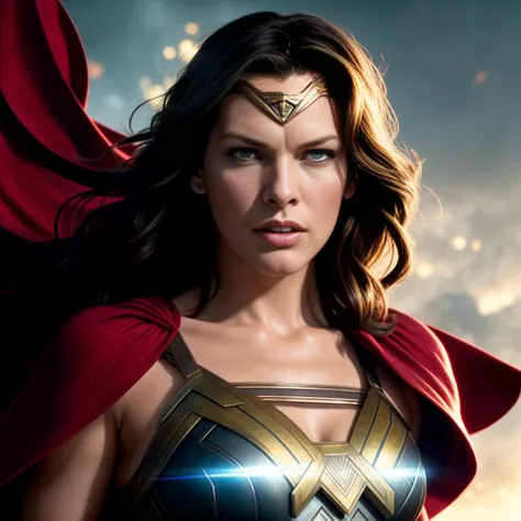 Modern MillaJovovichModern, The image shows wonderwoman standing in the center of the frame, with his arms crossed over his chest and a determined expression on his face. The artist's name and ArtStation link are displayed in the bottom right corner of the image, adding a personal touch to the artwork. The overall effect is dramatic and dynamic, capturing the strength and courage of Superman as he stands ready to defend the world from danger art by greg rutkowski and alphonse mucha