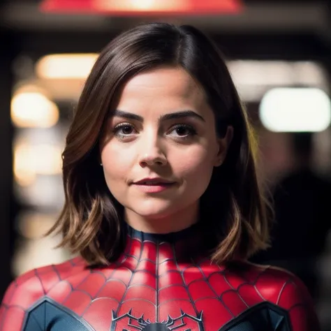 RAW photo, jenna coleman as spider-man, (high detailed skin:1.2), 8k uhd, dslr, soft lighting, high quality, film grain, Fujifilm XT3
 <lora:jennaColemanLora_v1:0.3>