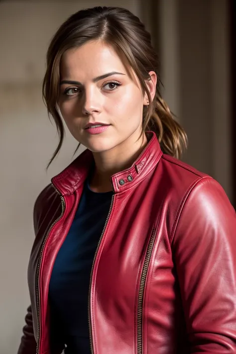 RAW photo, jenna coleman as claire redfield from resident evil 2 remake, red leather jacket, jeans, (high detailed skin:1.2), 8k uhd, dslr, soft lighting, high quality, film grain, Fujifilm XT3 <lora:jennaColemanLora_v1:0.3>