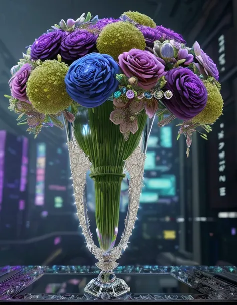 bouquet of fantastic flowers in a crystal vase Cyberpunk the (background Cyberpunk), (intricate details:1.3), (masterpiece), best quality, ultra-detailed, (photorealistic:1.3), cinematic, unreal engine 5 rendered, a 3d render lighting, dynamic lighting, glow with reflections and refractions lighting, (diamond effect)