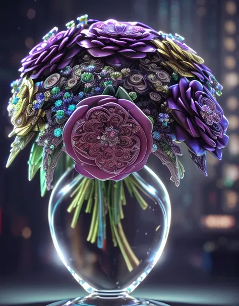 bouquet of fantastic flowers in a crystal vase Cyberpunk the (background Cyberpunk), (intricate details:1.3), (masterpiece), best quality, ultra-detailed, (photorealistic:1.3), cinematic, unreal engine 5 rendered, a 3d render lighting, dynamic lighting, glow with reflections and refractions lighting, (diamond effect)