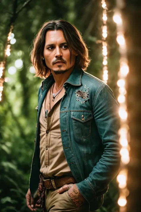 masterpiece, johnny depp walking through jungle at night among fireflies, (high detail:1 1), rough face, natural skin, high quality, nsfw, beautiful eyes, (detailed face and eyes), (face: 1 2), noise, extra, real photo, PSD, lamp film photography, sharp focus, contrast lighting, detailed skin, high resolution 8k, crazy detail, realistic, professional photography, 8k UHD, SLR camera, soft lighting, high quality, film grain, Fujifilm XT3