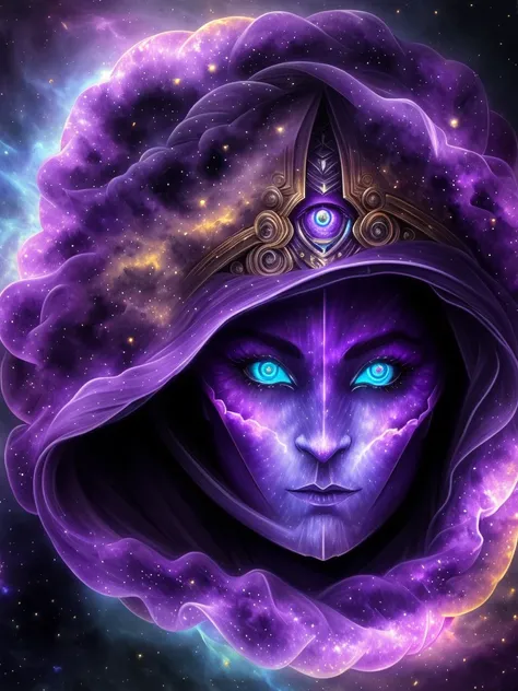 golden armored woman made of stars and colorful space light, (badass:1.3),  mighty goddess of the night, huntress,  sleek angelic battlecrown, night, moon, starry, galactic, fantasy, (brightly glowing face and eyes: 1.4), (purple nebula skin:1.6), iridescent, glowing cape made of silky light beams, action pose, being of pure light, [moon priestess], woman made of pure light and blue smoke, warrior woman, ready for battle, small hooded helmet, (glowing eyes:1.4), veil, victorian era, edwardian era, elegant, classy, intricate, detailed cg hd wallpaper, sharp focus, beautiful detailed lighting, dramatic, (professional majestic oil painting:1.15), (by artstation and studio ghibli:0.3), by greg manchess, (jeremy lipking), by antonio j manzanedo