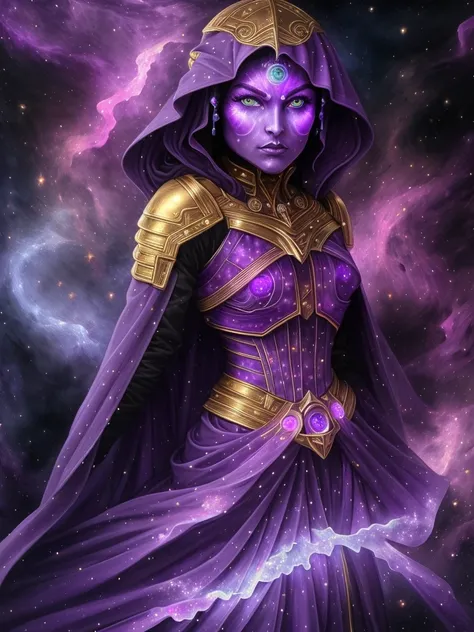golden armored woman made of stars and colorful space light, (badass:1.3),  mighty goddess of the night, huntress,  sleek angelic battlecrown, night, moon, starry, galactic, fantasy, (brightly glowing face and eyes: 1.4), (purple nebula skin:1.6), iridescent, glowing cape made of silky light beams, action pose, being of pure light, [moon priestess], woman made of pure light and blue smoke, warrior woman, ready for battle, small hooded helmet, (glowing eyes:1.4), veil, victorian era, edwardian era, elegant, classy, intricate, detailed cg hd wallpaper, sharp focus, beautiful detailed lighting, dramatic, (professional majestic oil painting:1.15), (by artstation and studio ghibli:0.3), by greg manchess, (jeremy lipking), by antonio j manzanedo