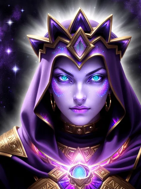 <lora:offset1_lora:0.3> golden armored middle aged woman made of stars and nebula, (badass:1.3),  mighty goddess of the night, huntress,  (sleek angelic battle crown:1.3), night, moon, starry, galactic, fantasy, (brightly glowing face and eyes: 1.6), (purple nebular colorful iridescent skin:1.5), iridescent, glowing cape made of silky light beams, action pose, being of pure light, [moon priestess], woman made of pure light and blue smoke, warrior woman, ready for battle, small hooded helmet, (glowing eyes:1.4), veil, victorian era, edwardian era, elegant, classy, photogenic, handsome middle-aged woman, silky glowing cape tendrils of starlight, glowing nebula skin, nebular, iridescent glow, archangel, intricate, detailed cg hd wallpaper, sharp focus, beautiful detailed lighting, dramatic, (professional majestic oil painting:1.15), (by artstation and studio ghibli:0.3), by greg manchess, by antonio j manzanedo, battle mask
