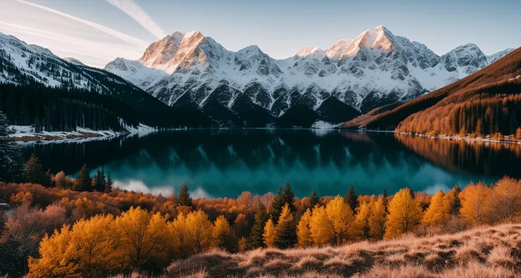RAW photo, winter landscape, [[mountain]], trees, windy, lake, 8k uhd, dslr, soft lighting, high quality, film grain, Fujifilm XT3