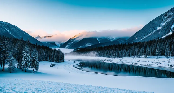 RAW photo, winter landscape, moutains, snow, blue waters, heavy fog, 8k uhd, dslr, soft lighting, ultra high quality, film grain, Fujifilm XT3