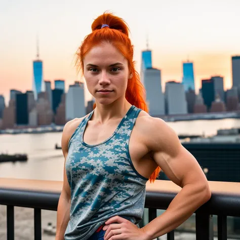 RAW photo of a 25 y.o woman, strong arms, muscular, full body shot, ponytail hairstyle, red hair, worn out clothes, wearing military print tank top, new york at the background, (high detailed skin:1.2), 8k uhd, dslr, soft lighting, high quality, film grain, Fujifilm XT3