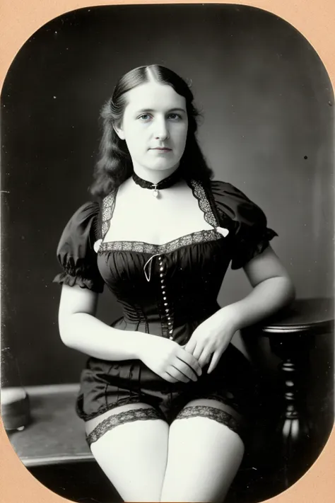 portrait photo of Bertha, 1870's, brothel casino, deadwood south-dakota, chemise, thigh-highs, photorealistic, (Lomography Lady Grey) <lora:epiNoiseoffset_v2:1>