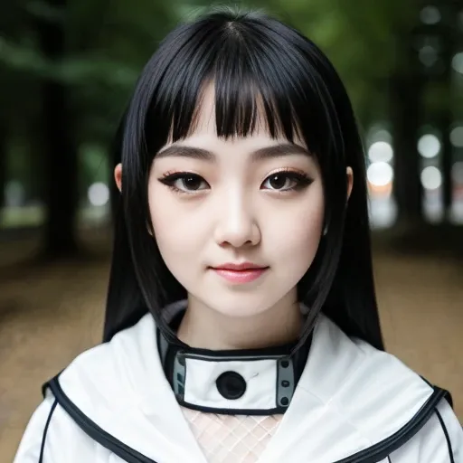 RAW photo,  hyuuga hinata, (high detailed skin:1.2), a close up portrait photo of brutal 20 y.o woman, pale skin, 8k uhd, dslr, soft lighting, high quality, film grain, Fujifilm XT3, (white eyes:1.5), realistic hair, (black hair:1.5), light smile,