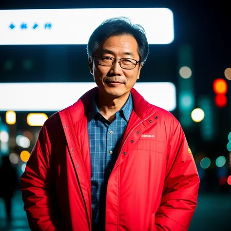 RAW photo, a portrait photo of 50 y.o japanese man in clothes, night tokyo, (high detailed skin:1.2), 8k uhd, dslr, soft lighting, high quality, film grain, Fujifilm XT3