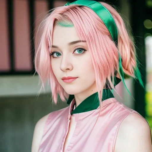 RAW photo,  haruno sakura, (high detailed skin:1.2), a close up portrait photo of brutal 20 y.o woman, pale skin, 8k uhd, dslr, soft lighting, high quality, film grain, Fujifilm XT3, (green eyes), realistic hair, (pink hair:1.5), hair ribbon,