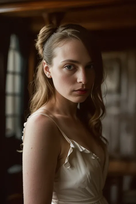 fine art photo of 28 y.o. Lauren, (designer dress), (highly detailed face:1.3), (private club, wood furniture), (dark and moody light:1.4) <lora:epiNoiseoffset_v2:1>