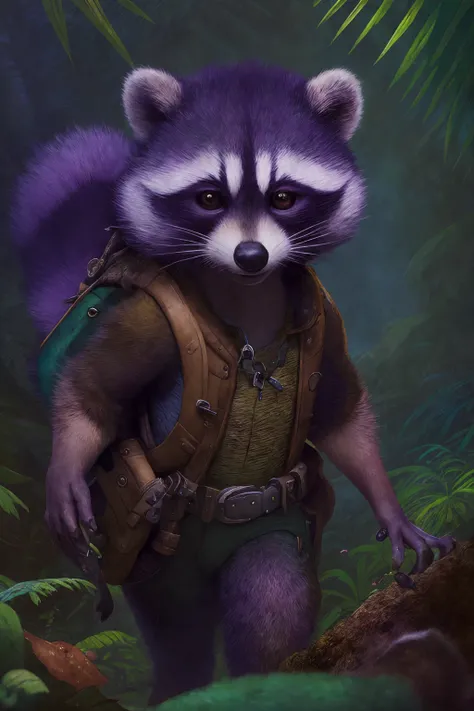 cute racoon adventurer walk in wild colorfully jungle, oversaturated, by Jean-Baptiste Monge, Gilles Beloeil, Tyler Edlin, Marek Okon, Pixar, 8k, album art, comic style, golden ratio, perfect composition, a masterpiece, trending on artstation, purple fur, <lora:epiNoiseoffset_v2:1>, <lora:theovercomer8sContrastFix_sd15:1>