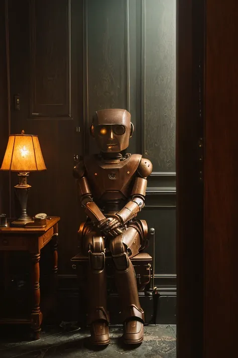 photo of [25 yo Anna:robot:10], [fine art | street], (highly detailed face), (private club, wood furniture), (sitting in the entryway), (dark and moody light:1.4), disappointed <lora:epiNoiseoffset_v2:1>