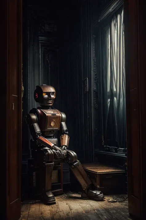 photo of [25 yo Anna:robot:10], [fine art | street], (highly detailed face), (private club, wood furniture), (sitting in the entryway), (dark and moody light:1.4), disappointed <lora:epiNoiseoffset_v2:1>