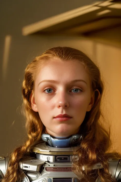 editorial mid shot photo of (25 y.o. Anna, very beautiful human face:1.5), (body of a humanoid robot, futuristic, detailed, intricate), (22nd century home), (hiding in the closet), (dark and moody light:1.4)
